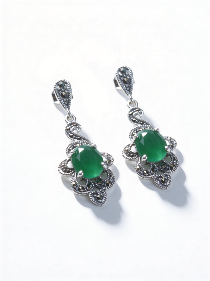 925 Emerald Ornate Drop Earrings