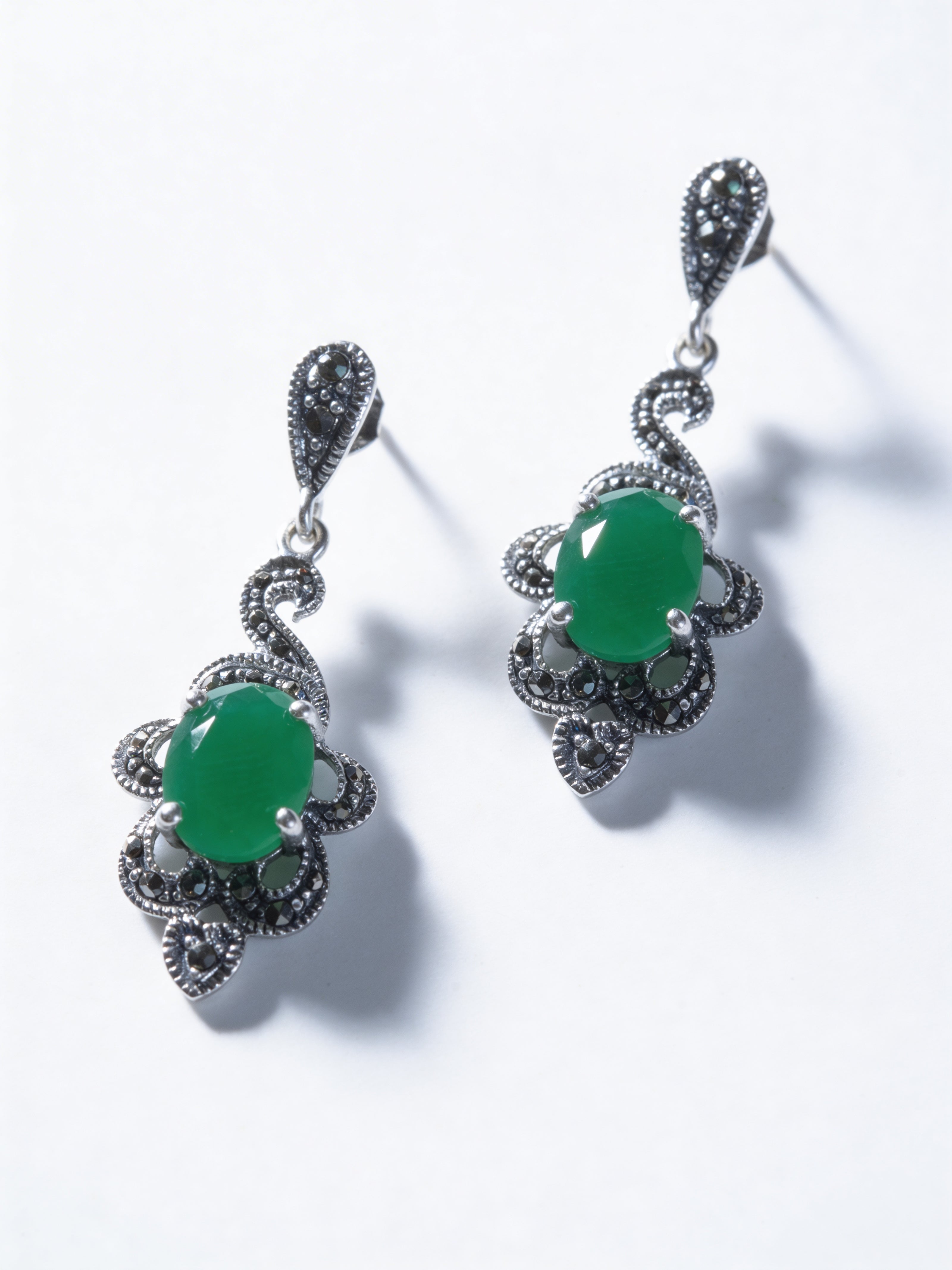 925 Emerald Ornate Drop Earrings