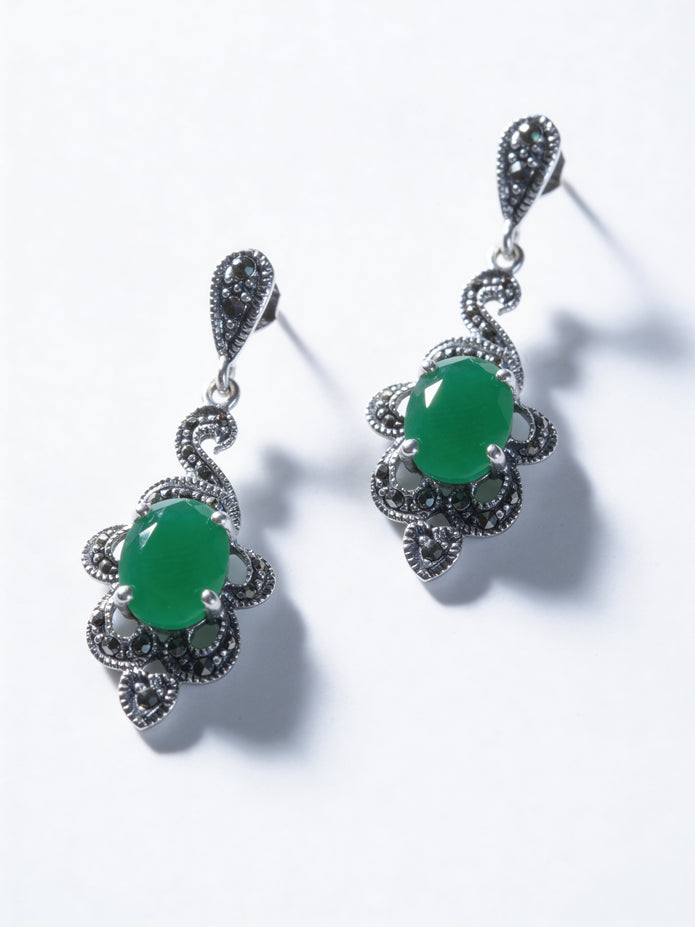 925 Emerald Ornate Drop Earrings