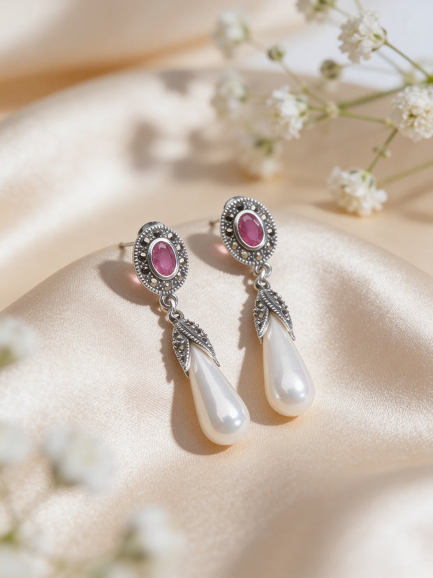 925 Ruby Pearl Drop Earrings