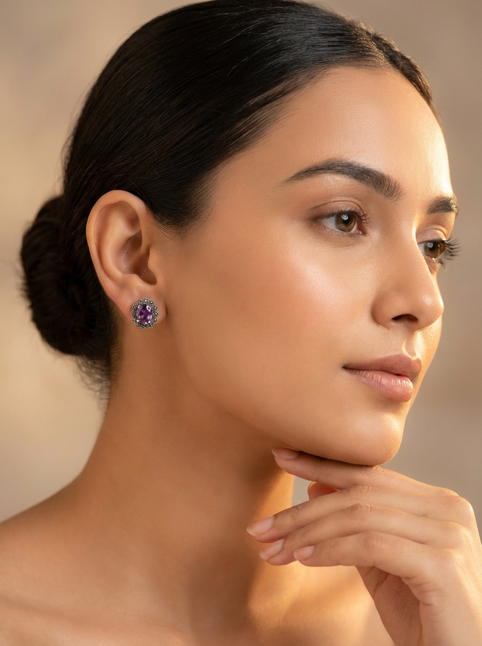 925 Amethyst Floral Halo Studs