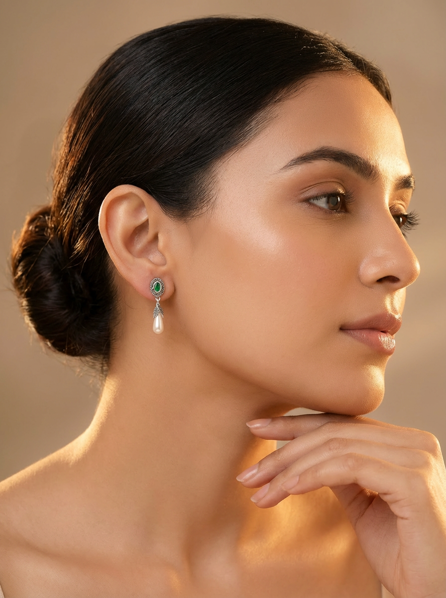 925 Emerald Pearl Drop Earrings